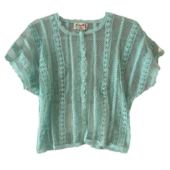 Lim’s Shanghai Tops - NWT Lim's vintage hand crochet lace mint green short sleeve button down top